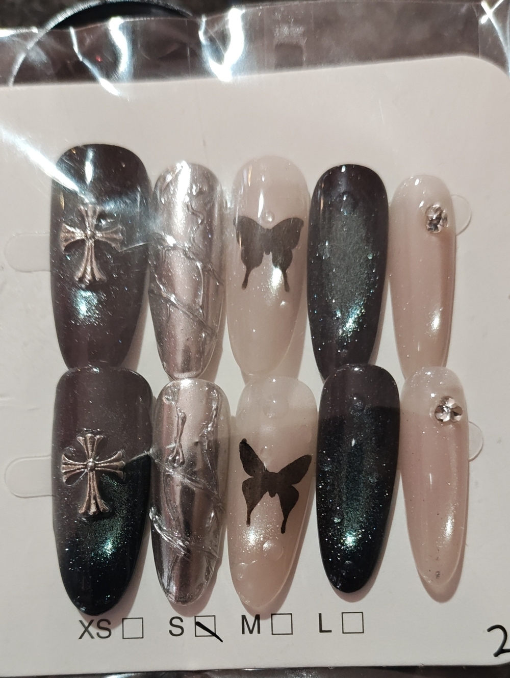 Press-On Nail Set — Black, Silver & Nude Butterfly Accent